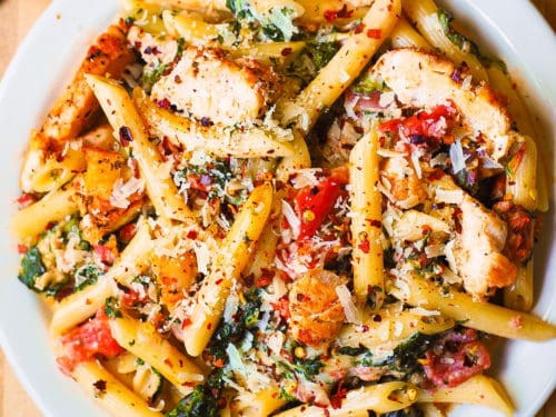 Chicken and Bacon Pasta with Spinach.