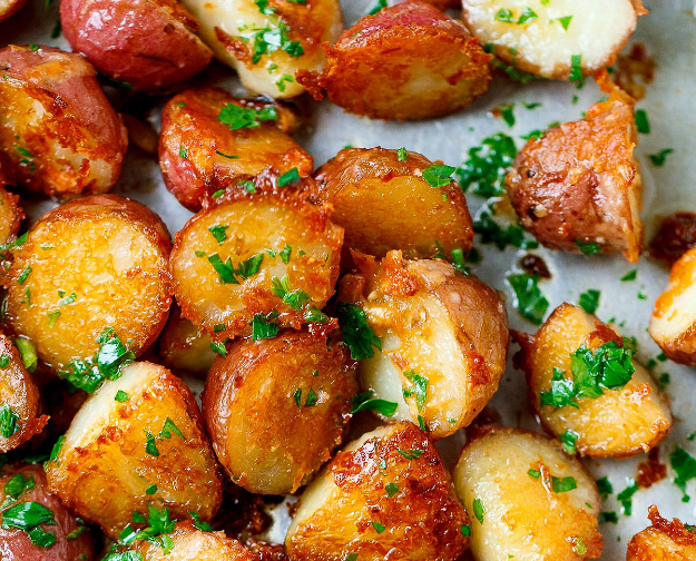 Roasted Garlic Butter Parmesan Potatoes Are Crispy and Golden - Kitchen ...