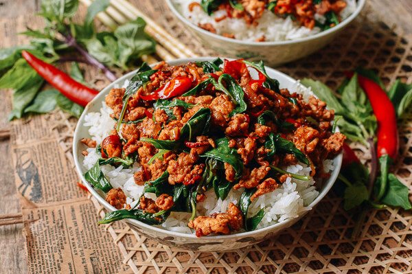 Basil Chicken is Served Along With Steamed Rice